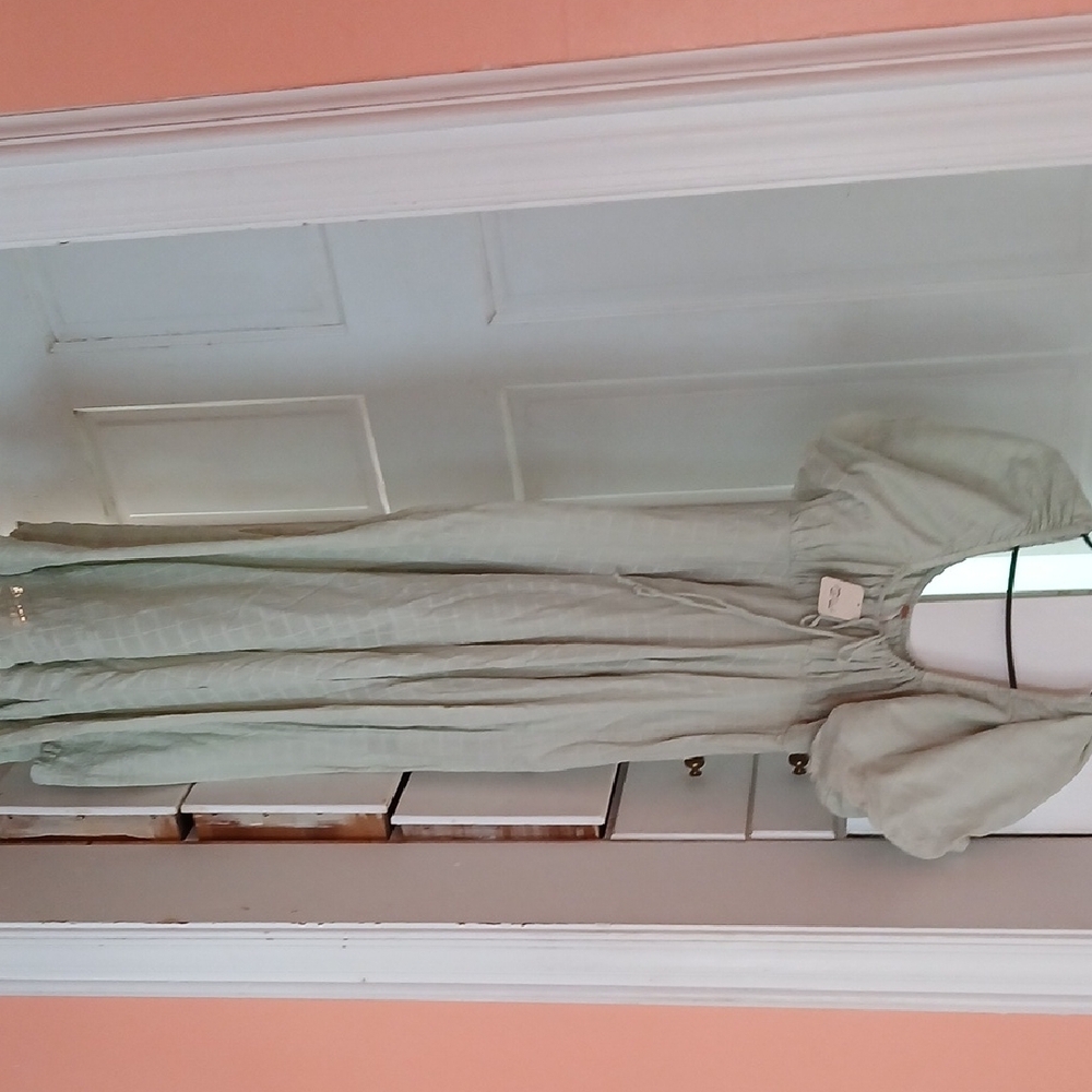 Free People Sage Green Textured Peasant Dress with Tie - Picture 2 of 6
